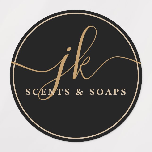 Business Monogram Script Logo Black Waterproof Labels (Design 1)