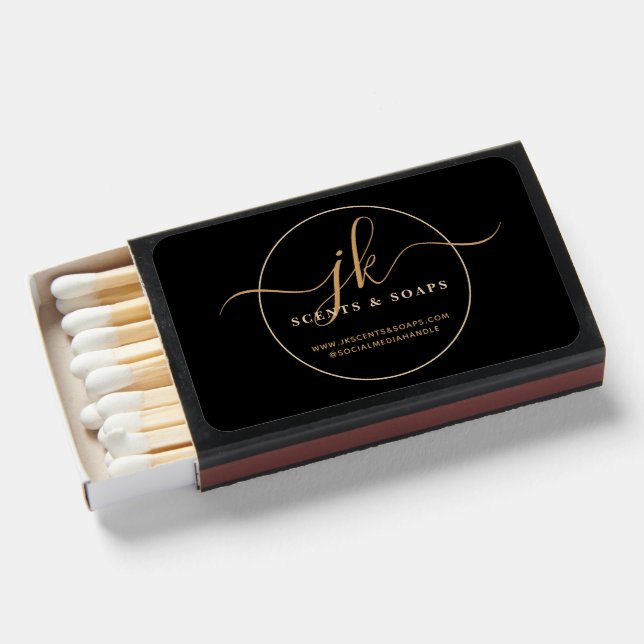 Business Monogram Script Logo Contact Black Gold Matchboxes (Front Open)