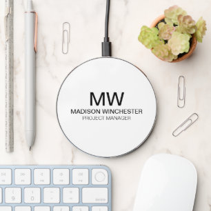 Business monogram white initials name title simple wireless charger