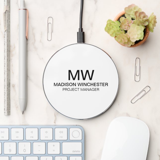 Business monogram white initials name title simple wireless charger  (Desk)