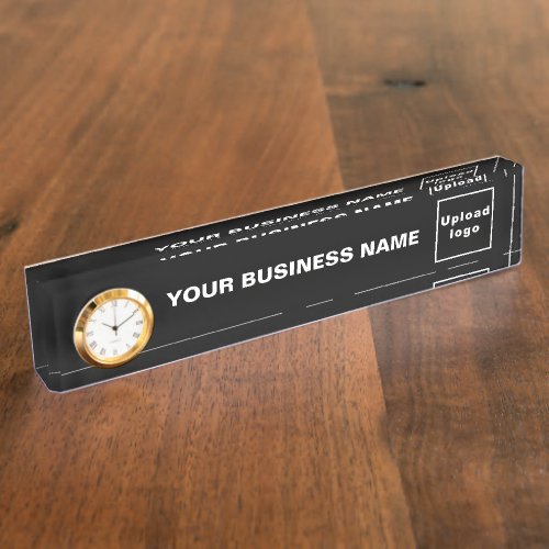 Business Name and Logo on Black Acrylic With Clock Desk Name Plate