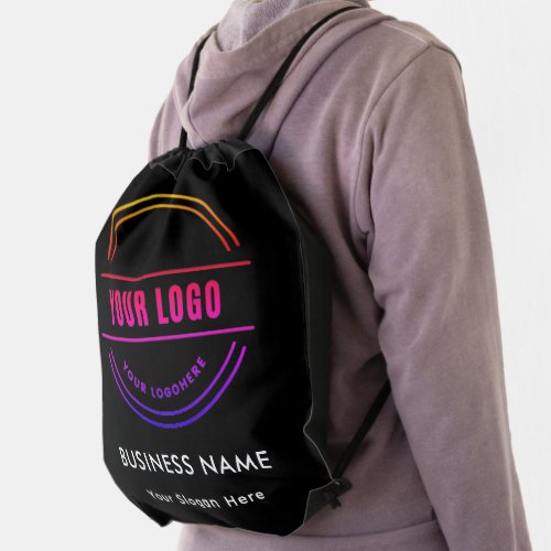 Business Name and Logo on Black Drawstring Bag