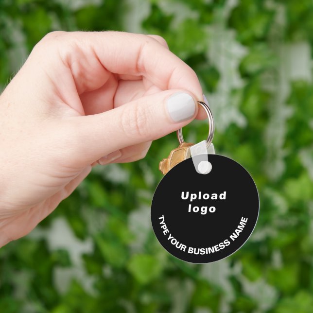 Business Name and Logo on Black Round Aluminum Keychain (Hand)