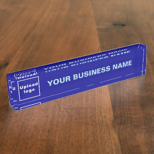 Business Name and Logo on Blue Acrylic Desk Name Plate