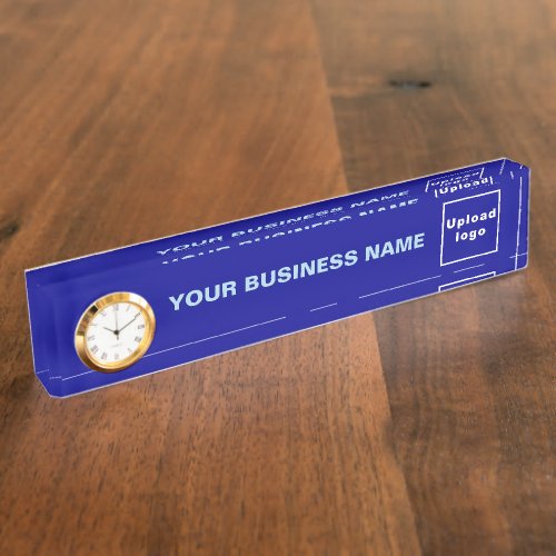 Business Name and Logo on Blue Acrylic With Clock Desk Name Plate