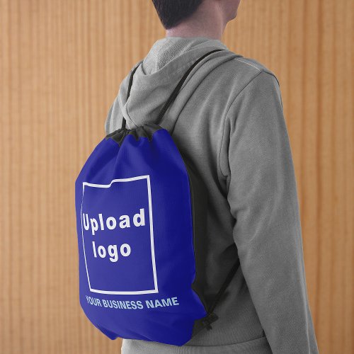 Business Name and Logo on Blue Drawstring Bag