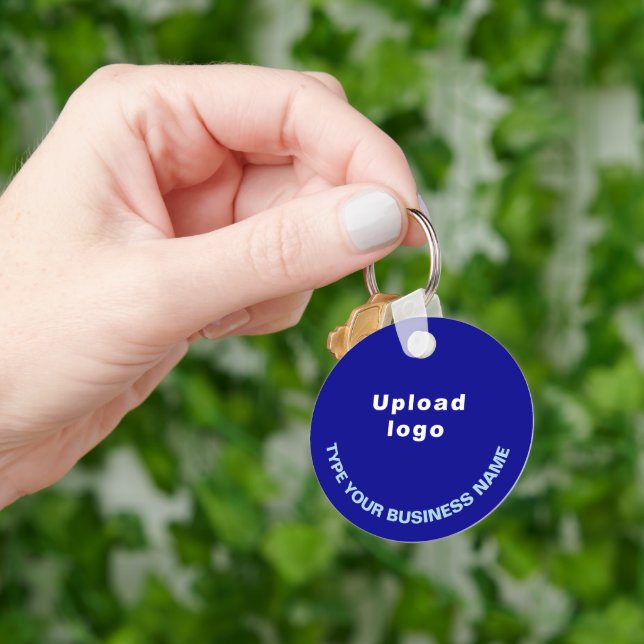 Business Name and Logo on Blue Round Aluminum Keychain (Hand)