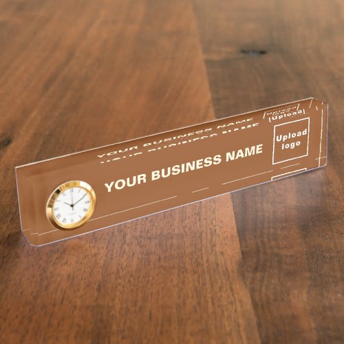 Business Name and Logo on Brown Acrylic With Clock Desk Name Plate