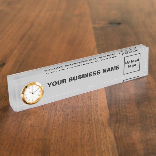 Business Name and Logo on Gray Acrylic With Clock Desk Name Plate