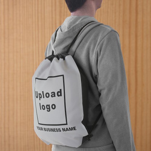 Business Name and Logo on Gray Drawstring Bag