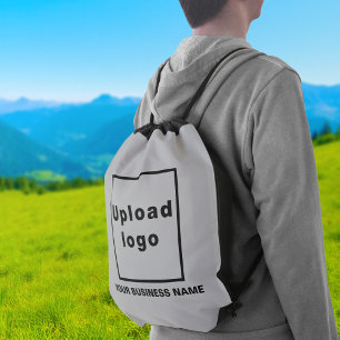 Business Name and Logo on Gray Drawstring Bag
