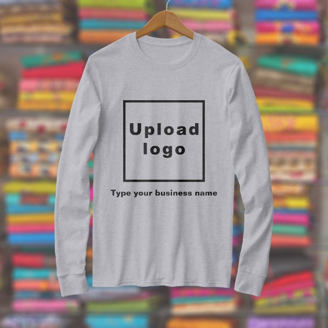 Business Name and Logo on Gray Long Sleeve T-Shirt (Gray long sleeve t-shirt with your business name and logo displayed in a store)