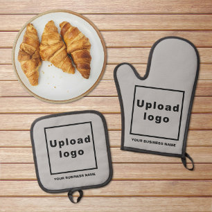 Business Name and Logo on Gray Oven Mitt & Pot Holder Set