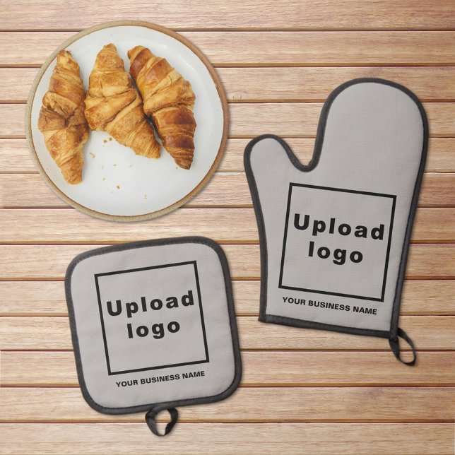 Business Name and Logo on Gray Oven Mitt & Pot Holder Set (Business name and logo on gray oven mitt and pot holder set)