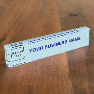 Business Name and Logo on Light Blue Acrylic Desk Name Plate