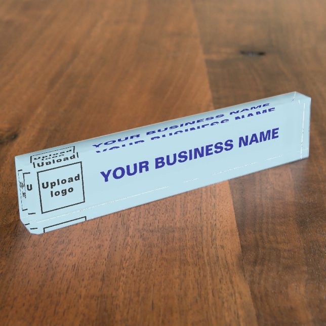 Business Name and Logo on Light Blue Acrylic Desk Name Plate (Side)