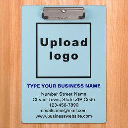Business Name and Logo on Light Blue Clipboard