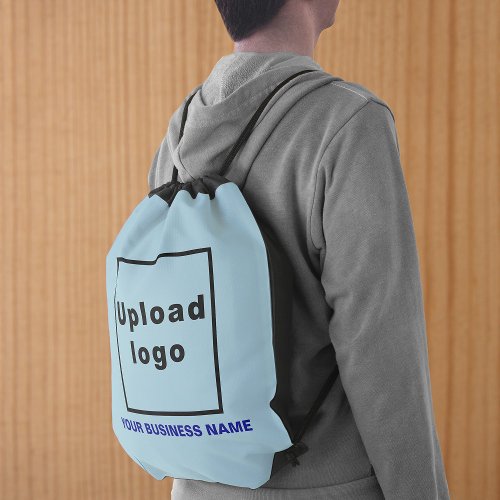 Business Name and Logo on Light Blue Drawstring Bag