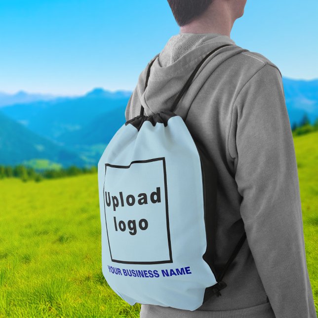 Business Name and Logo on Light Blue Drawstring Bag (Light blue drawstring bag with your business name and logo as a travel bag)