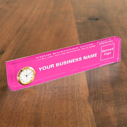 Business Name and Logo on Pink Acrylic With Clock Desk Name Plate