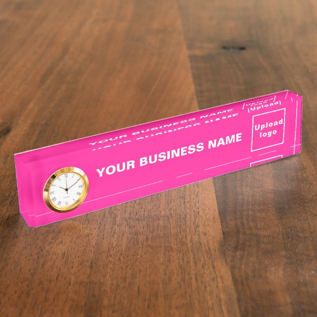 Business Name and Logo on Pink Acrylic With Clock Desk Name Plate (Side)
