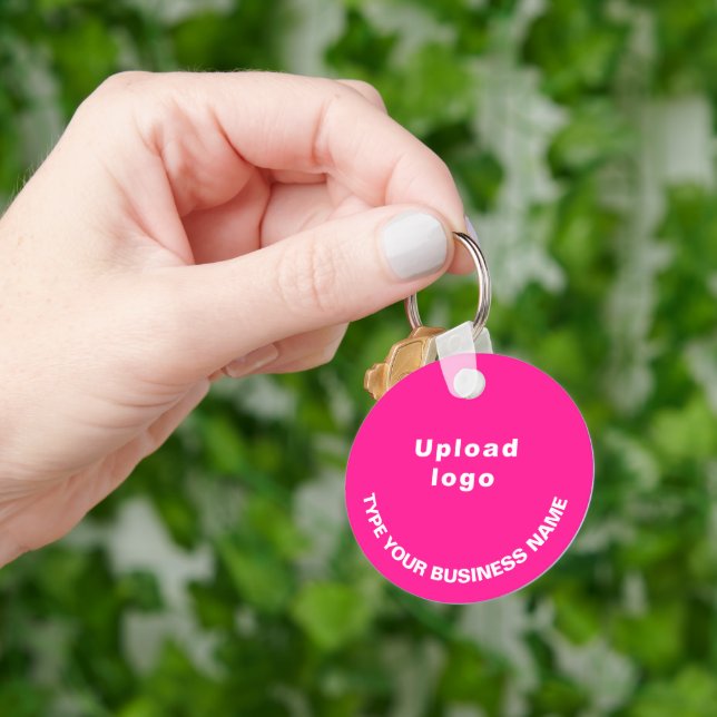 Business Name and Logo on Pink Round Aluminum Keychain (Hand)