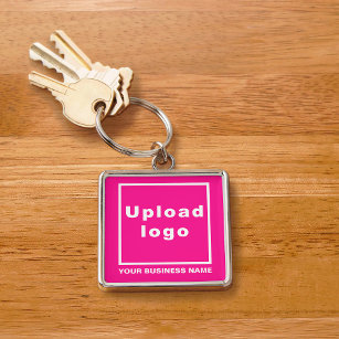Business Name and Logo on Pink Square Premium Keychain