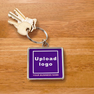 Business Name and Logo on Purple Square Premium Keychain