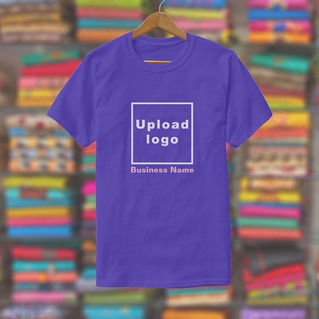 Business Name and Logo on Purple T-Shirt (Purple t-shirt with your business name and logo displayed in a store)