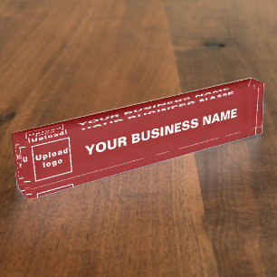 Business Name and Logo on Red Acrylic Desk Name Plate