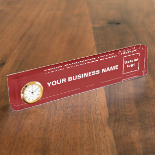Business Name and Logo on Red Acrylic With Clock Desk Name Plate