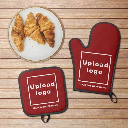 Business Name and Logo on Red Oven Mitt  Pot Holder Set