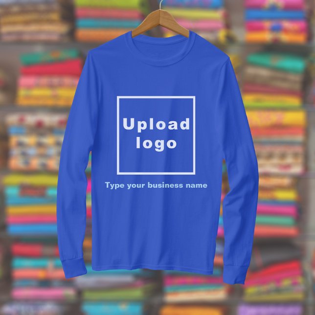 Business Name and Logo on Royal Blue Long Sleeve T-Shirt (Royal blue long sleeve t-shirt with your business name and logo displayed in a store)