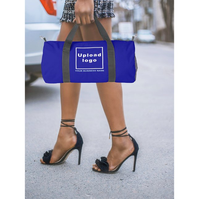 Business Name and Logo on Small Blue Duffel Bag (Business name and logo on blue duffel bag)