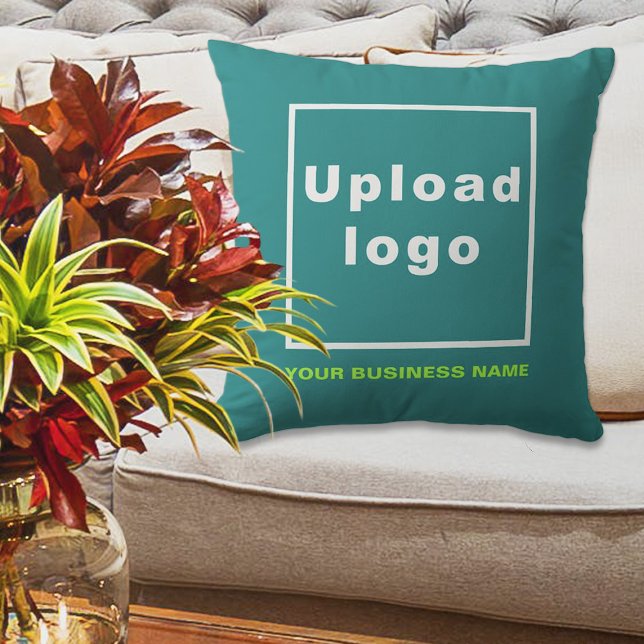 Business Name and Logo on Teal Green Throw Pillow (Teal green throw pillow with your business name and logo displayed on sofa in a business lobby)