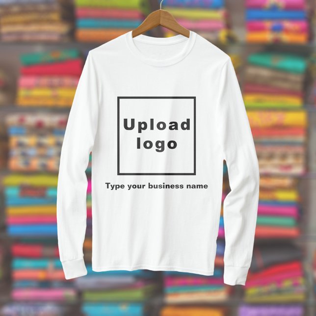 Business Name and Logo on White Long Sleeve T-Shirt (White long sleeve t-shirt with your business name and logo displayed in a store)