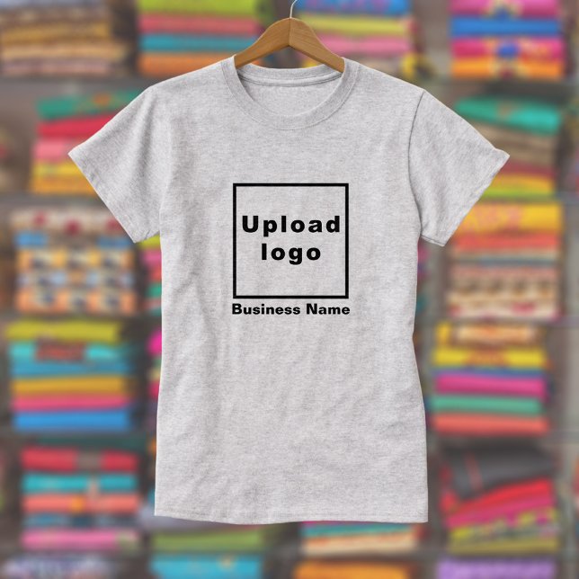 Business Name and Logo on Women's Gray T-Shirt (Women's gray t-shirt with your business name and logo displayed in a store)