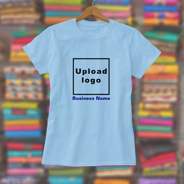 Business Name and Logo on Women's Light Blue T-Shirt (Women's light blue t-shirt with your business name and logo displayed in a store)