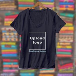 Business Name and Logo on Women's V-Neck Navy Blue T-Shirt