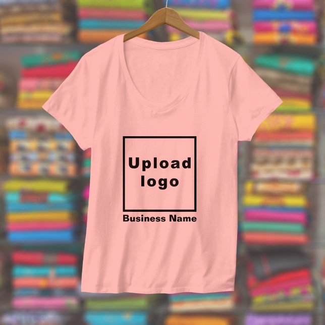 Business Name and Logo on Women's V-Neck Pink T-Shirt (Women's V-neck pink t-shirt with your business name and logo displayed in a store)