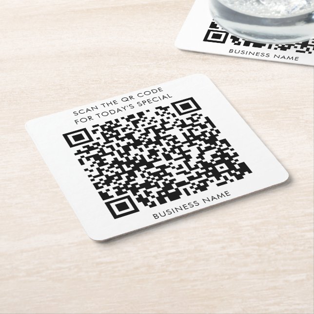 Business Name and QR Code Menu Square Paper Coaster (Angled)