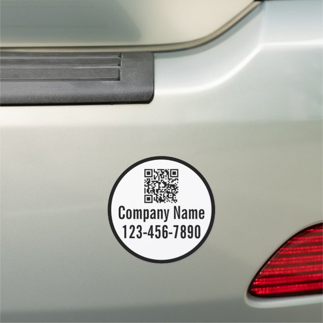 Business Name Black and White Phone Number QR Code Car Magnet (In Situ)