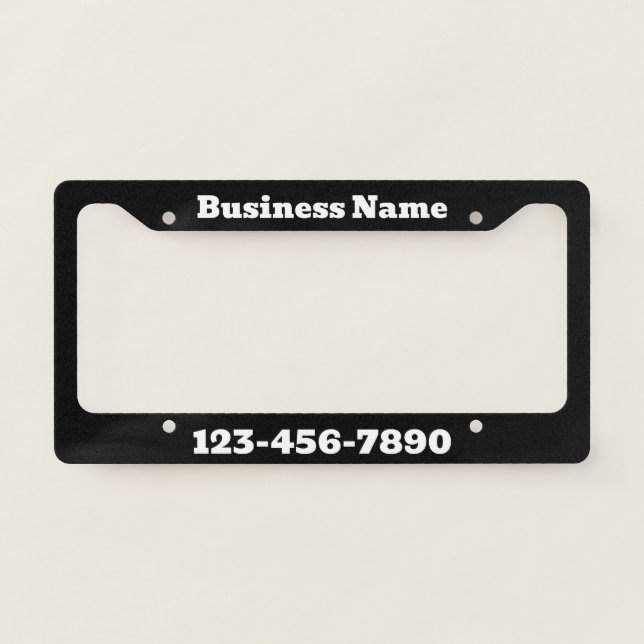 Business Name Black White Phone Number Advertising License Plate Frame (Front)