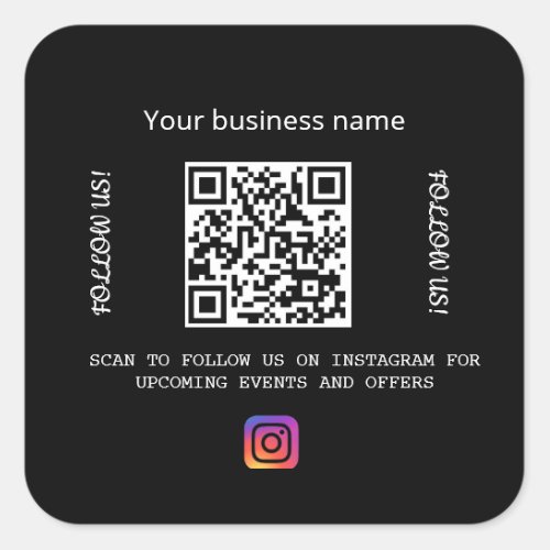 Business name Black white qr code instagram Square Sticker