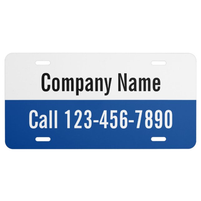 Business Name Blue and White Phone Number  License Plate (Front)