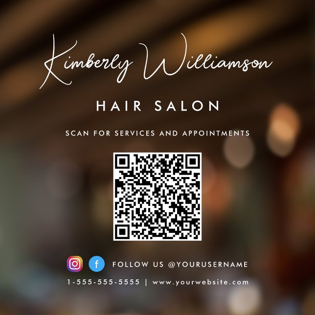 Business Name Chic Signature Script QR Code Window Cling (Elevate your business with a custom logo, QR code and social media window cling sign)