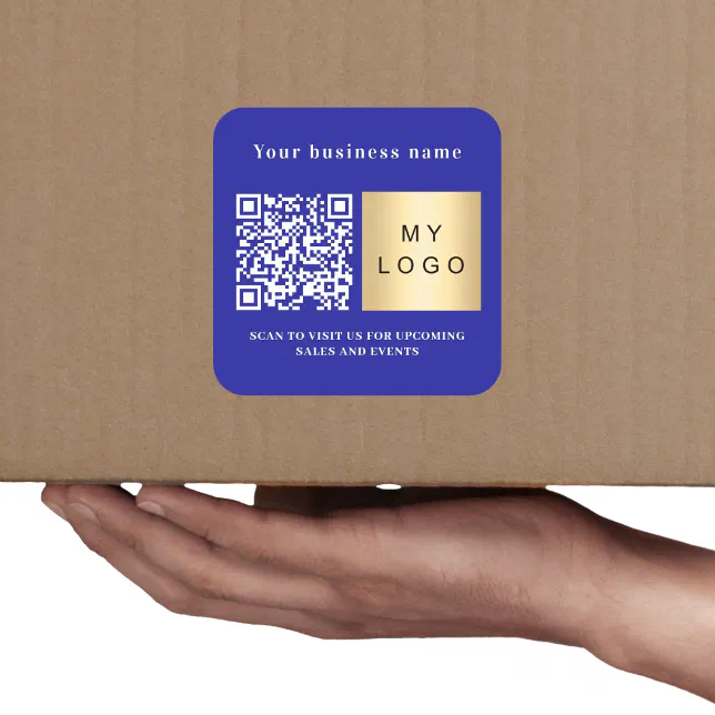 Business name dark blue logo qr code square sticker | Zazzle