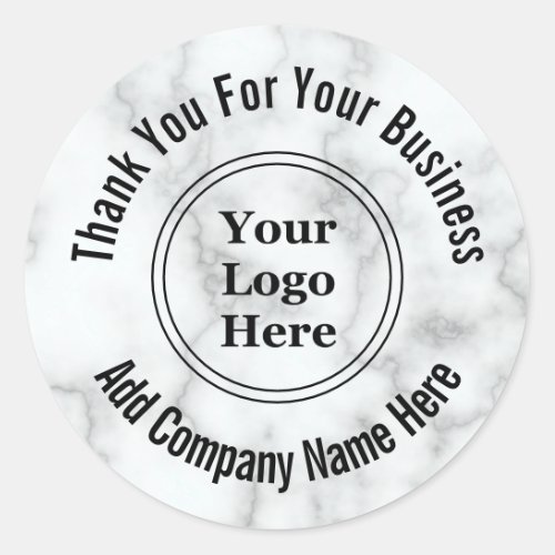Business Name Faux White Marble Logo Thank You Classic Round Sticker