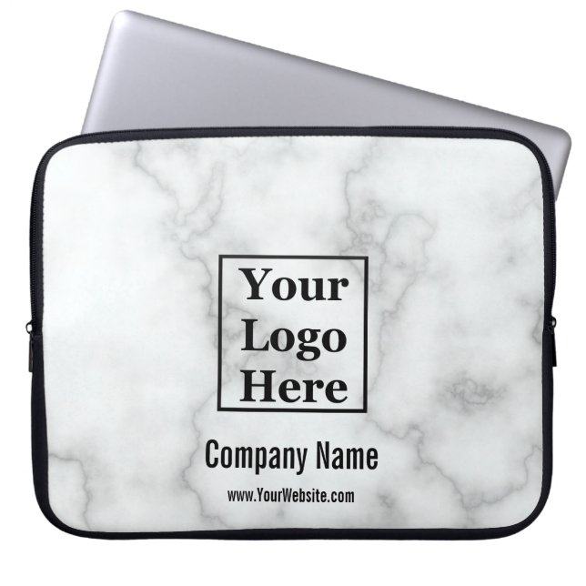 Business Name Faux White Marble Your Logo Here Laptop Sleeve (Front)