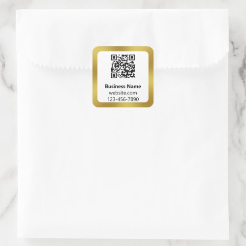 Business Name Gold and White Phone Website QR Code Square Sticker